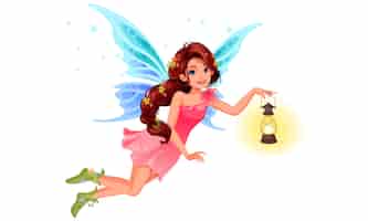 Free vector cute little fairy with beautiful long braided hairstyle holding a lantern