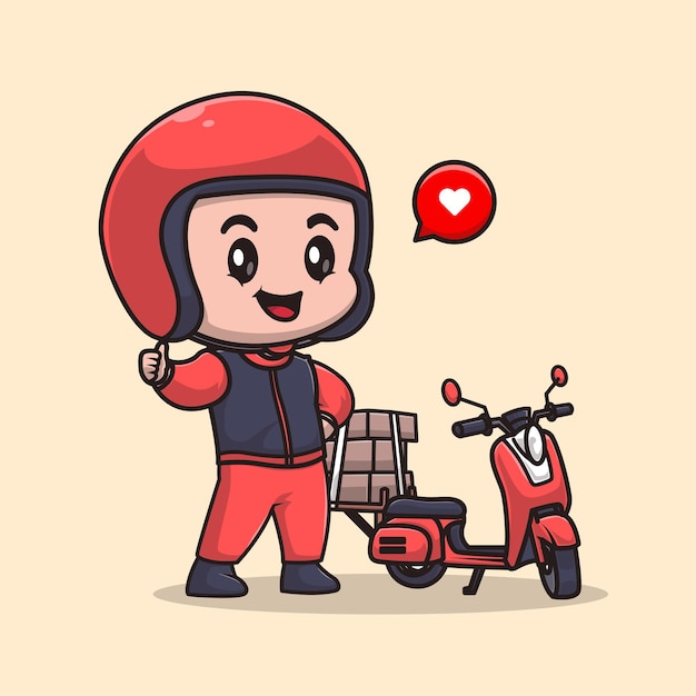 Cute Male Courier Delivery Package With Motorcycle Cartoon Vector Icon Illustration. People Job