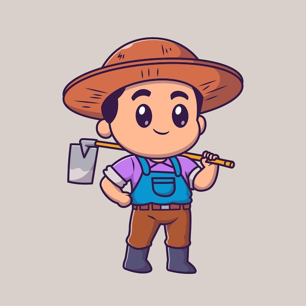 Cute Man Farmer Holding Hoe Cartoon Vector Icon Illustration People Nature Icon Concept Isolated