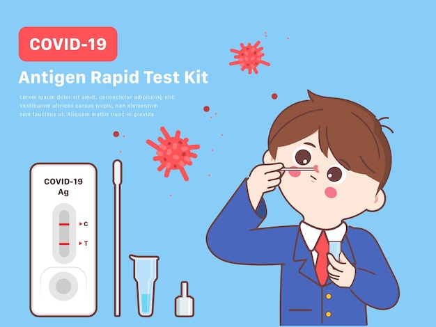 Vettore gratuito uomo carino in giappone, studente che usa il kit per il test dell'antigene covid19 tampone autosomministrato doodle personaggio