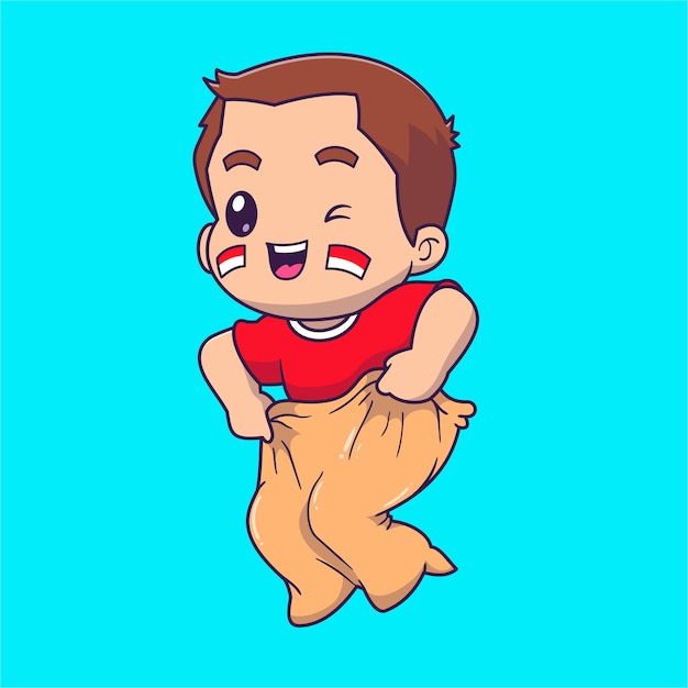 Free Vector cute man playing sack race in indonesian independence day cartoon vector icon illustration people