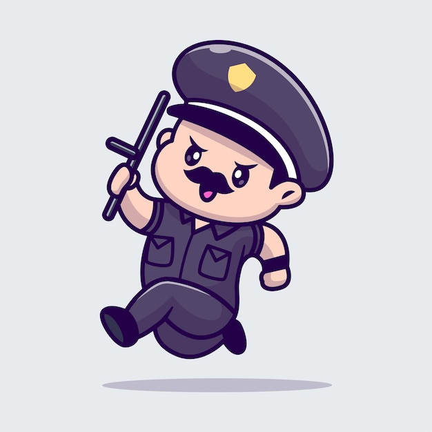 Free Vector cute man police running with stick baton cartoon vector icon illustration people profession flat