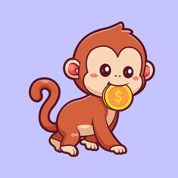 Cute Monkey Bite Gold Coin Cartoon Vector Icon Illustration Animal Finance Icon Isolated Flat