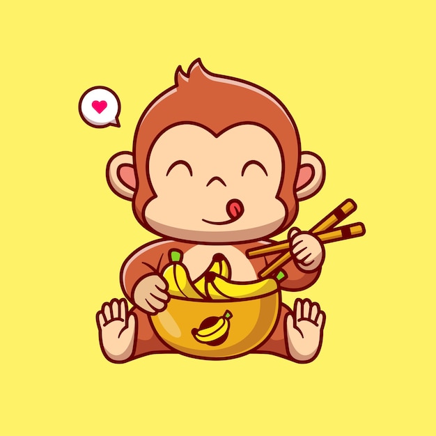 Free Vector cute monkey eating banana with chopsticks cartoon vector icon illustration animal food isolated