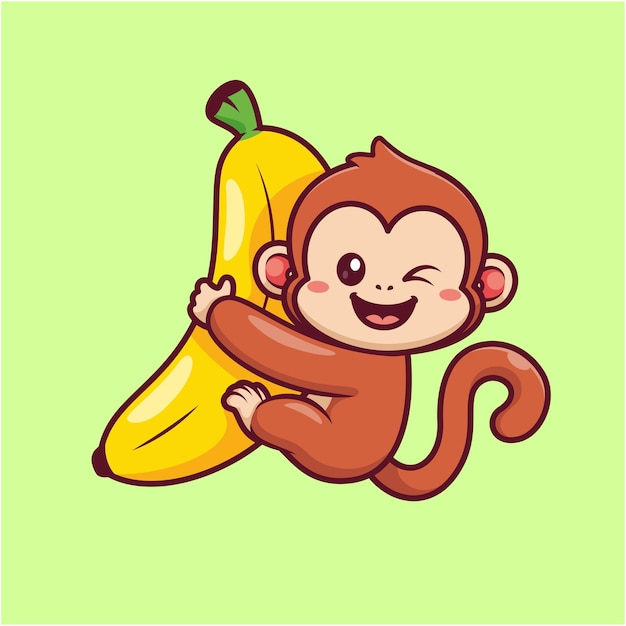 Cute Monkey Hanging On Banana Cartoon Vector Icon Illustration Animal Food Icon Concept Isolated