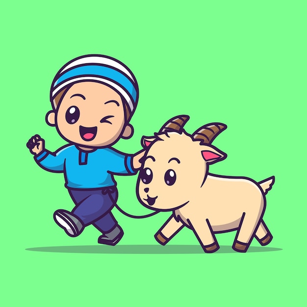 Cute Moslem Boy With Goat Cartoon Vector Icon Illustration. People Animal Icon Concept Isolated Premium Vector. Flat Cartoon Style