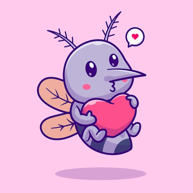 Cute Mosquito Holding Love Heart Cartoon Vector Icon Illustration Animal Nature Icon Isolated