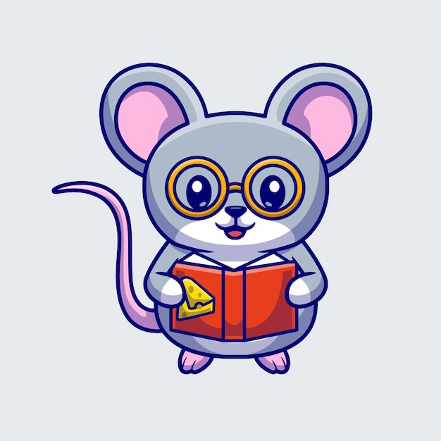 Free vector cute mouse reading cheese book cartoon vector icon illustration animal education icon concept isola