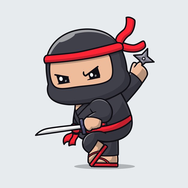 Cute Ninja With Shuriken And Sword Cartoon Vector Icon Illustration People Holiday Isolated Flat