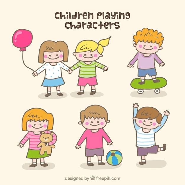 Free vector cute pack of six happy children playing