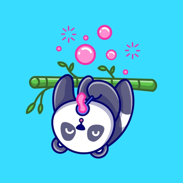 Free Vector cute panda blowing bubble on bamboo tree cartoon vector icon illustration animal nature isolated