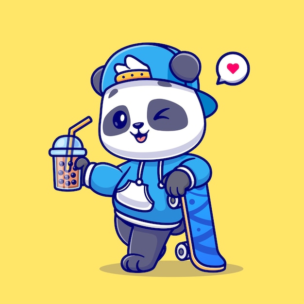 Free Vector cute panda drink boba milk tea with skateboard cartoon vector icon illustration animal drink icon