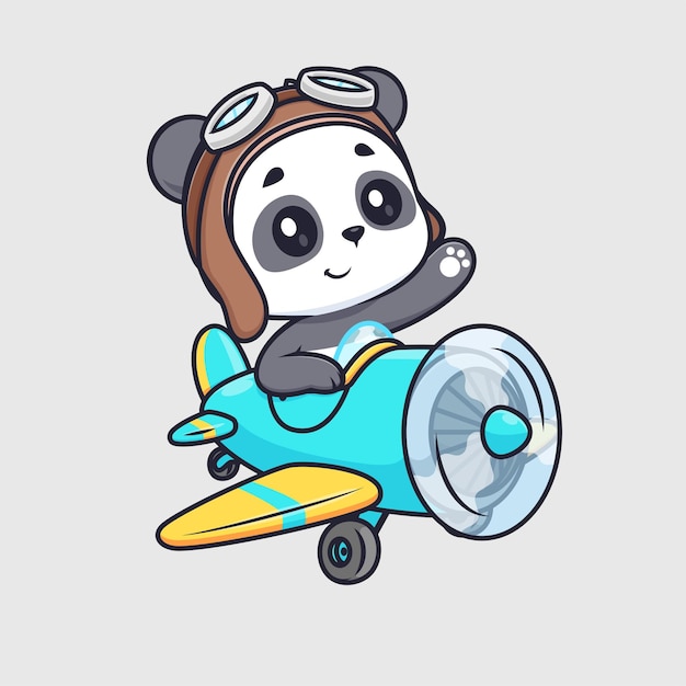 Free Vector cute panda pilot flight with plane cartoon vector icon illustration animal transportation isolated