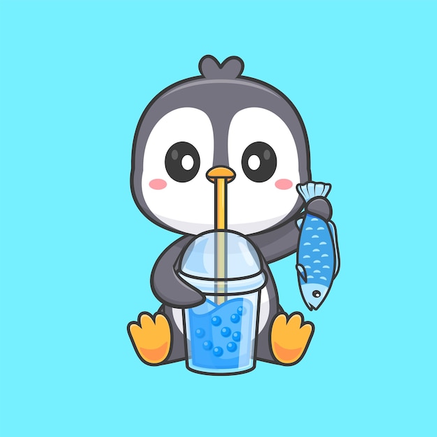 Free vector cute penguin drinking boba milk tea with fish cartoon vector icon illustration animal drink isolated