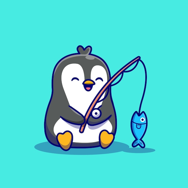Free vector cute penguin fishing cartoon illustration