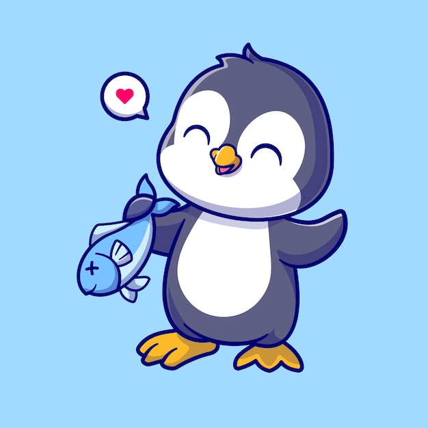 Free vector cute penguin holding fish cartoon vector icon illustration. animal nature icon concept isolated flat