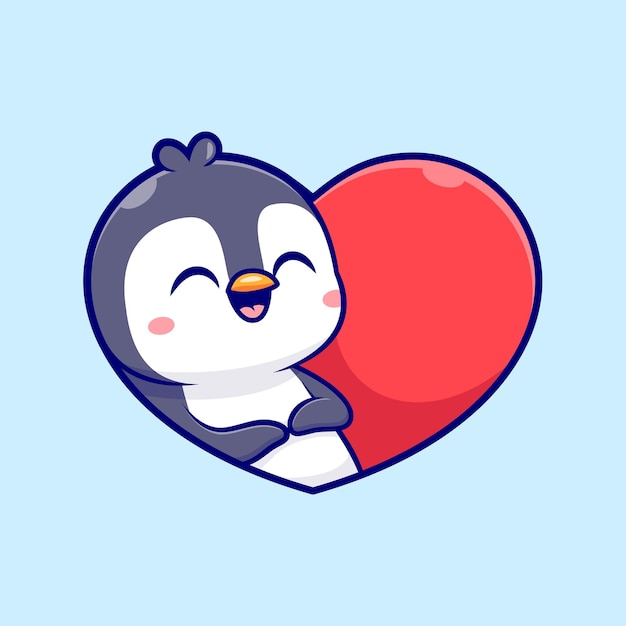 Cute Penguin Love Heart Sign Cartoon Vector Icon Illustration Animal Holiday Icon Concept Isolated