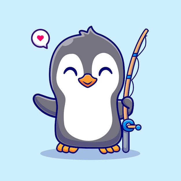 Free Vector cute penguin with fishing rod cartoon vector icon illustration animal nature icon concept isolated