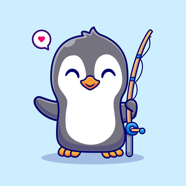 Cute Penguin With Fishing Rod Cartoon Vector Icon Illustration Animal Nature Icon Concept Isolated