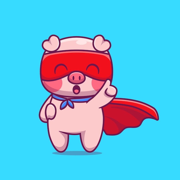 Cute Pig Super Hero Cartoon   Icon Illustration. Animal Hero Icon Concept Isolated    . Flat Cartoon Style