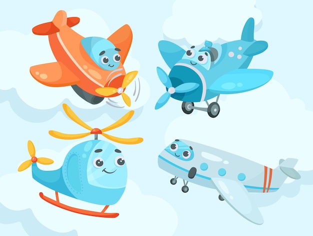 Free Vector cute plane and helicopter characters cartoon illustration set. funny and adorable airplanes, aircrafts or aeroplanes with faces. air transport, vehicle, toy concept