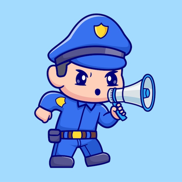 Free Vector cute police holding megaphone cartoon vector icon illustration people profession icon isolated flat