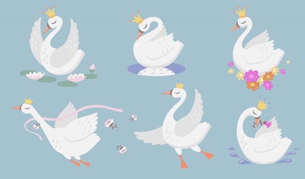 Free Vector cute princess swan flat icon set