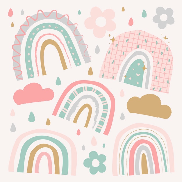 Free Vector cute rainbow in doodle style vector set