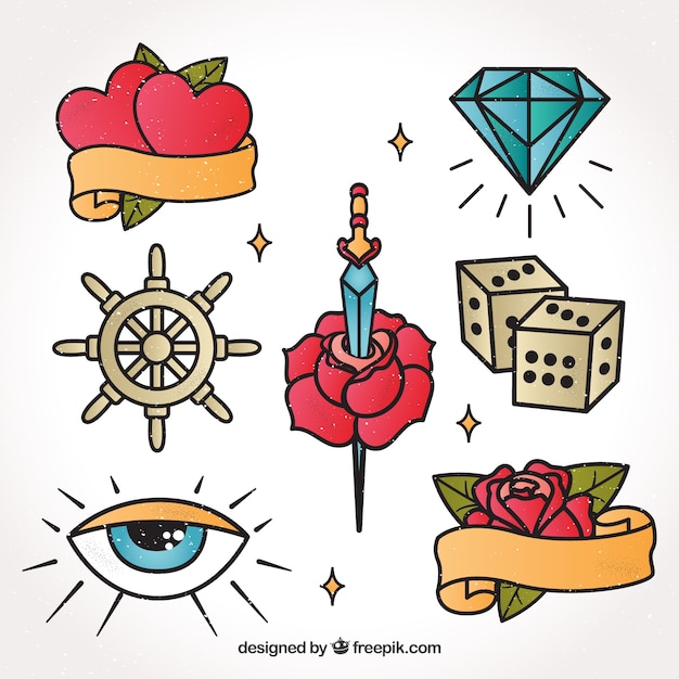 Free Vector cute retro hand drawn tattoos