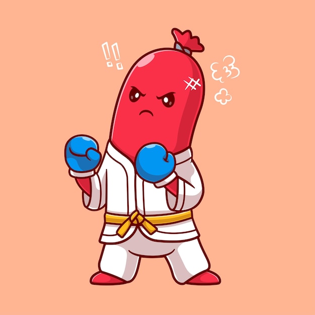 Free Vector cute sausage hotdog boxing karate cartoon vector icon illustration. food sport icon concept isolated