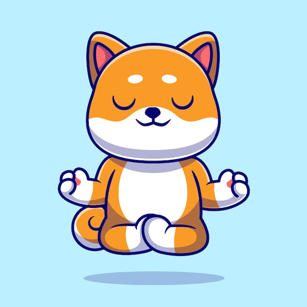 Cute Shiba Inu Dog Doing Yoga Meditation Cartoon Vector Icon Illustration. Animal Healthy Icon Concept Isolated Premium Vector. Flat Cartoon Style