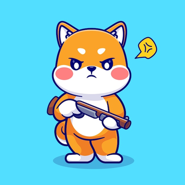Free vector cute shiba inu dog holding gun pistol cartoon vector icon illustration. animal fashion icon isolated