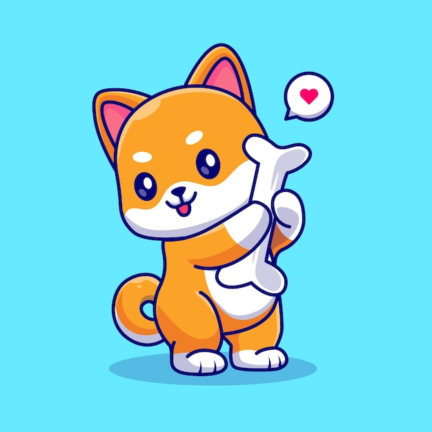 Cute Shiba Inu Dog Hug Bone Cartoon Vector Icon Illustration. Animal Nature Icon Concept Isolated