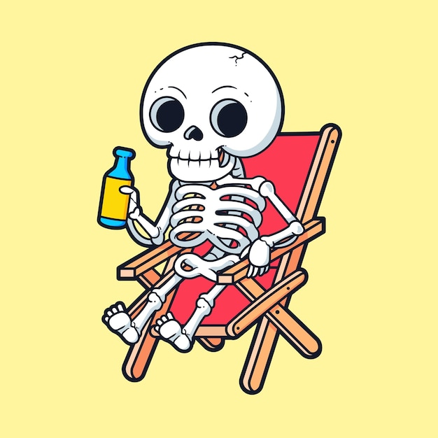 Free vector cute skull relaxing on bench and drink soda cartoon vector icon illustration people holiday flat