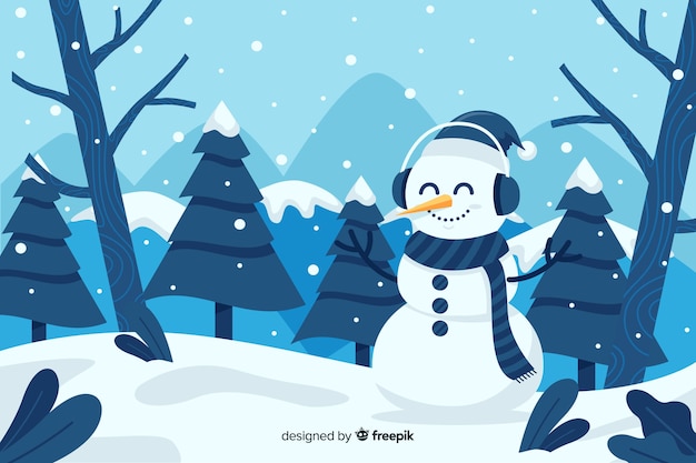 Cute snowman staying in the snow flat design