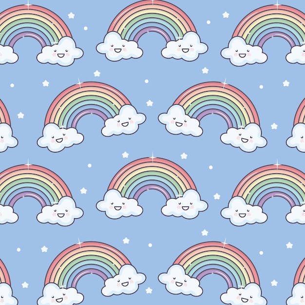 Free Vector cute summer sun and clouds with rainbow kawaii pattern