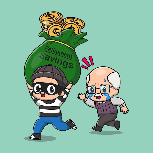 Free Vector cute thief steal grandfather money bag cartoon vector icon illustration people finance isolated