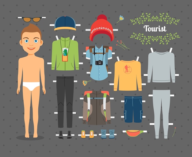 Free Vector cute tourist boy paper doll with set of clothes and shoes for hiking on seamless gray background