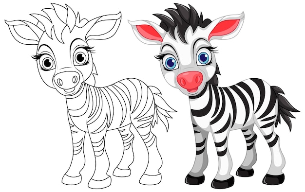 Free Vector cute zebra cartoon animal and its doodle coloring character