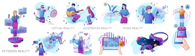 Free vector cyberspace flat set of people using extended virtual augmented mixed reality gadgets isolated vector illustration