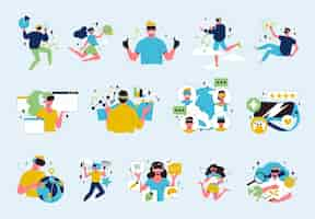 Free vector cyberspace icons flat set with people wearing vr headsets isolated vector illustration