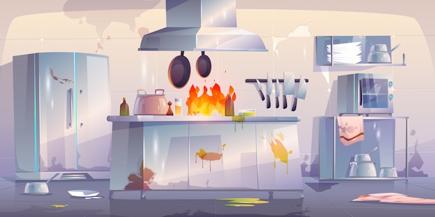 Free vector damaged kitchen in restaurant, interior with fire