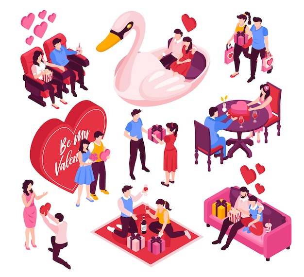 Free Vector dating couples celebrating valentines day isometric set with exchanging gifts dining together red hearts isolated vector illustration