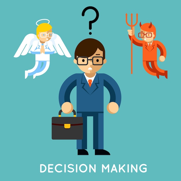 Free Vector decision making. businessman with angel and demon. choice good and bad, conflict dilemma