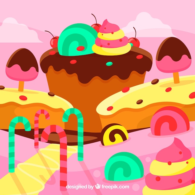 Free Vector delicious candy land background in flat style