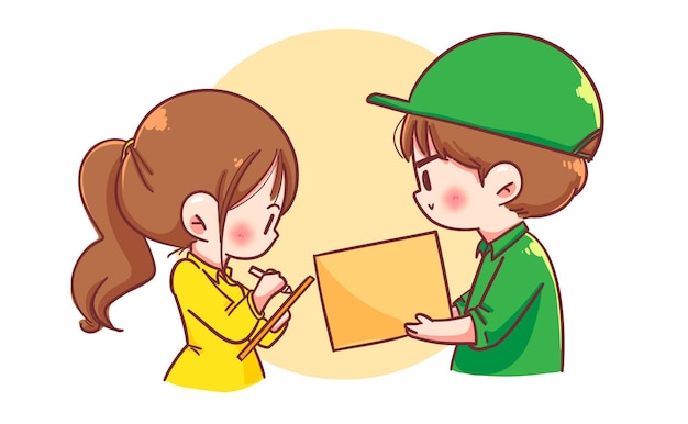 Free Vector delivery man with parcel box give to woman costumer