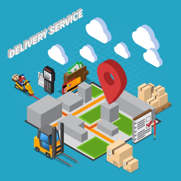 Free vector delivery service isometric composition with elements of warehouse interior and logistic  icons