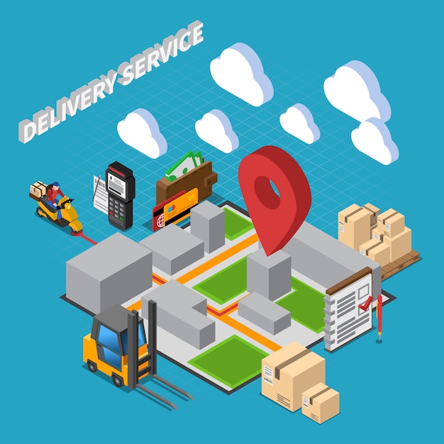 Delivery service isometric composition with elements of warehouse interior and logistic  icons 