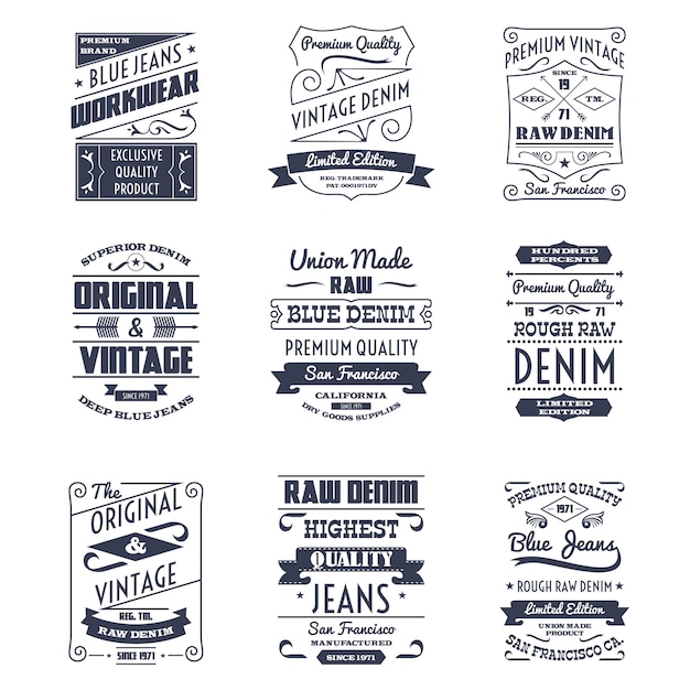 Free vector denim typography logo emblems set