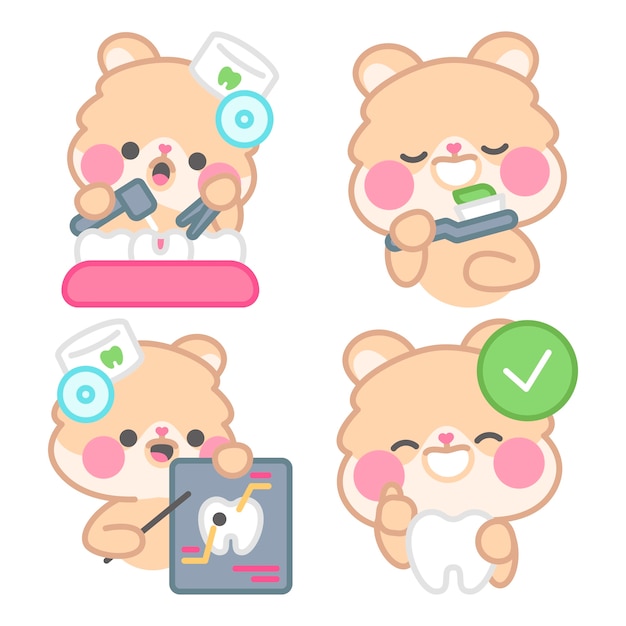 Free Vector dental care stickers collection with kimchi the hamster